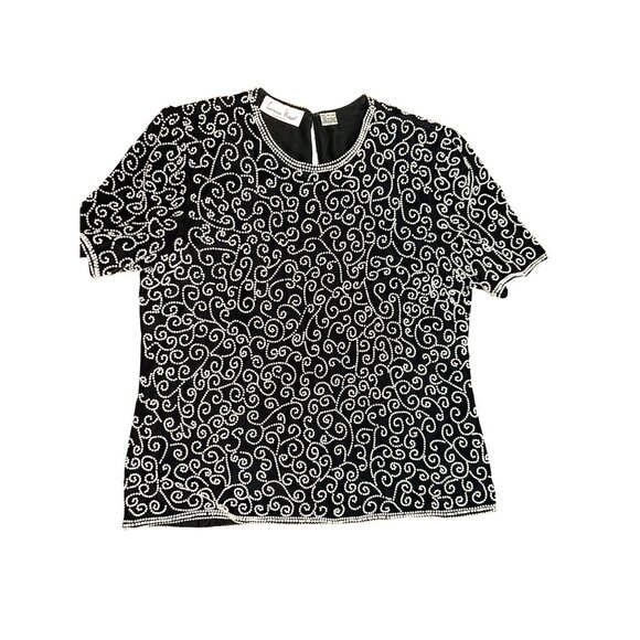 Lawrence Kazar 2X Black Silk Beaded Top Pearl Swirl Vintage Glam Holiday Party - Picture 8 of 11